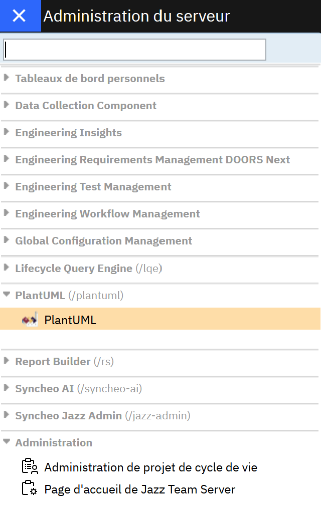 ELM-Administrationsmenü mit PlantUML neben den anderen Jazz-Anwendungen