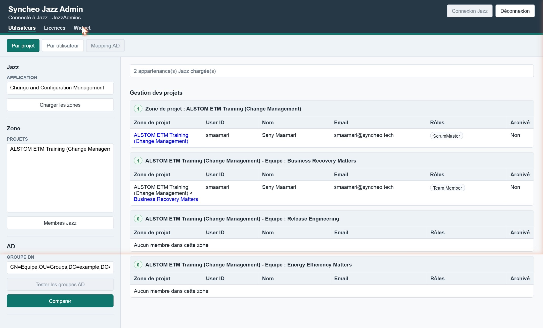 Barre de navigation principale — onglets Utilisateurs, Licences, Widgets et bouton de connexion Jazz