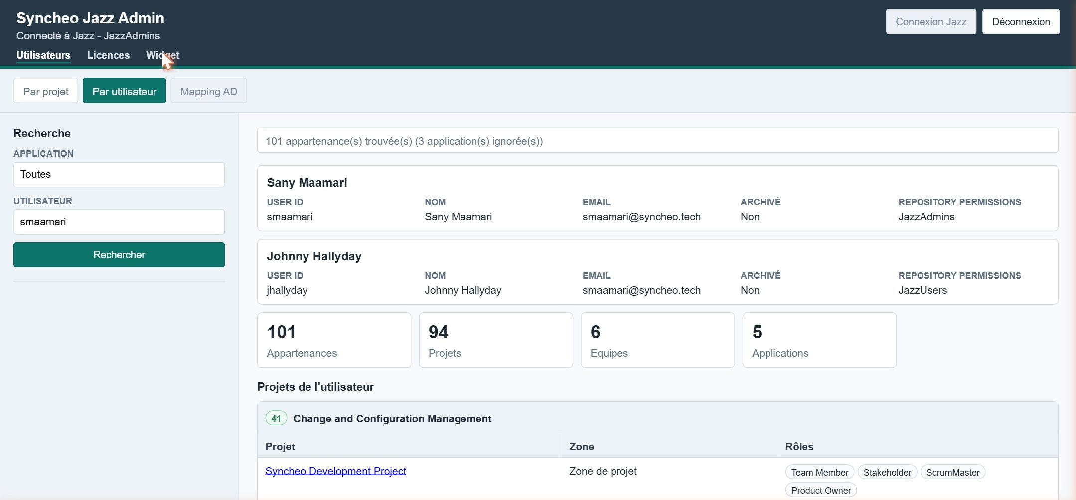 Vue par utilisateur — résultats de recherche montrant tous les projets et rôles d’un collaborateur