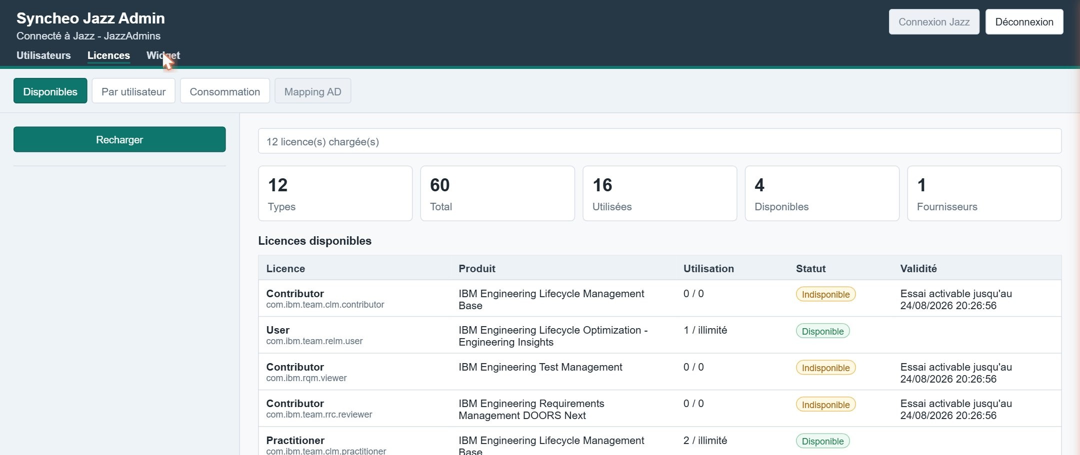 Vue Licences disponibles — tableau de bord avec compteurs total, utilisées et disponibles par type de licence