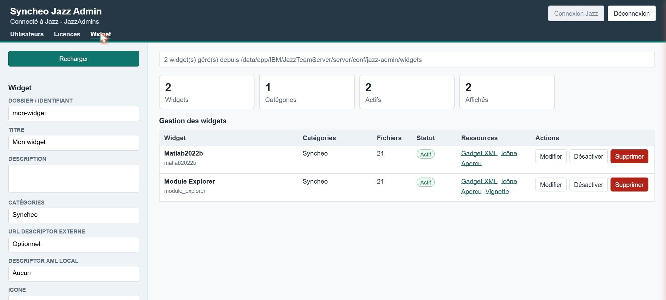 Vue Widgets — catalogue avec formulaire d’édition et liste des widgets publiés dans l’écosystème Jazz