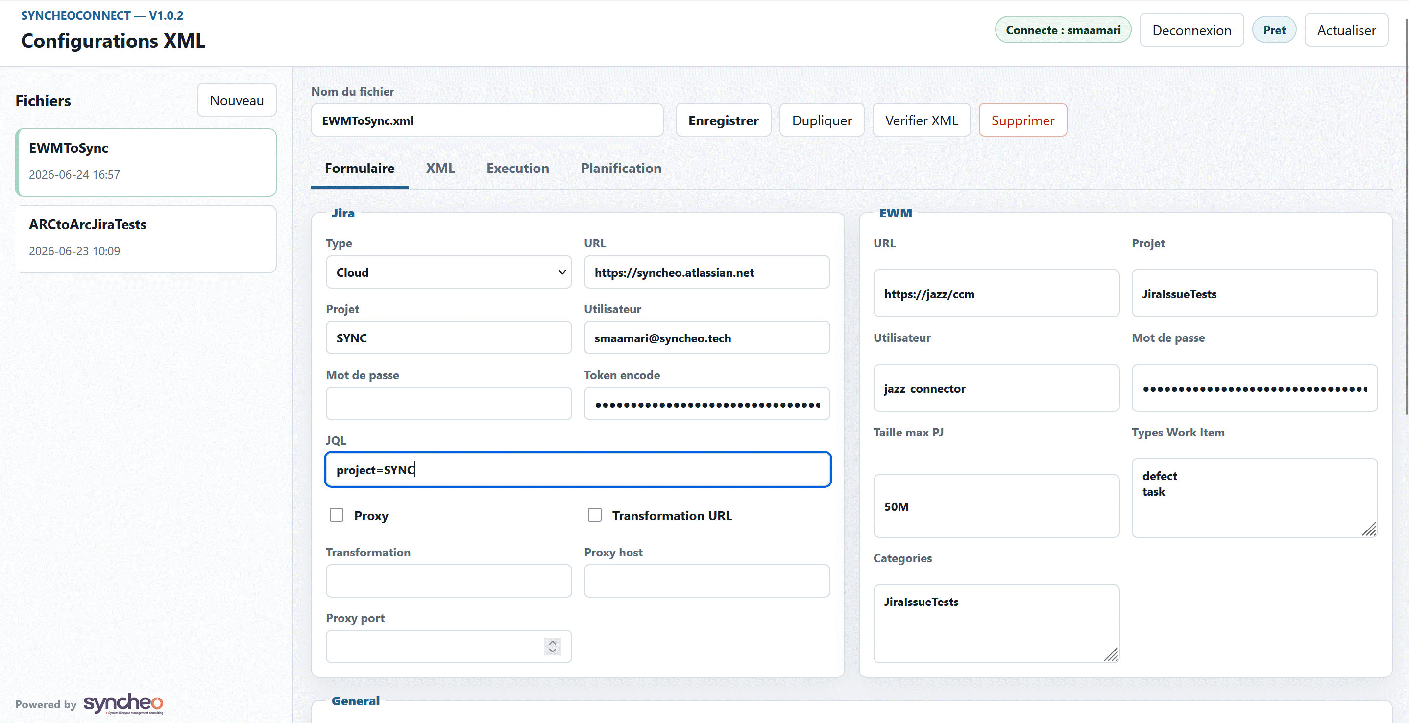 Tableau de bord Syncheo Connect — liste des configurations actives et bouton Lancer la synchronisation