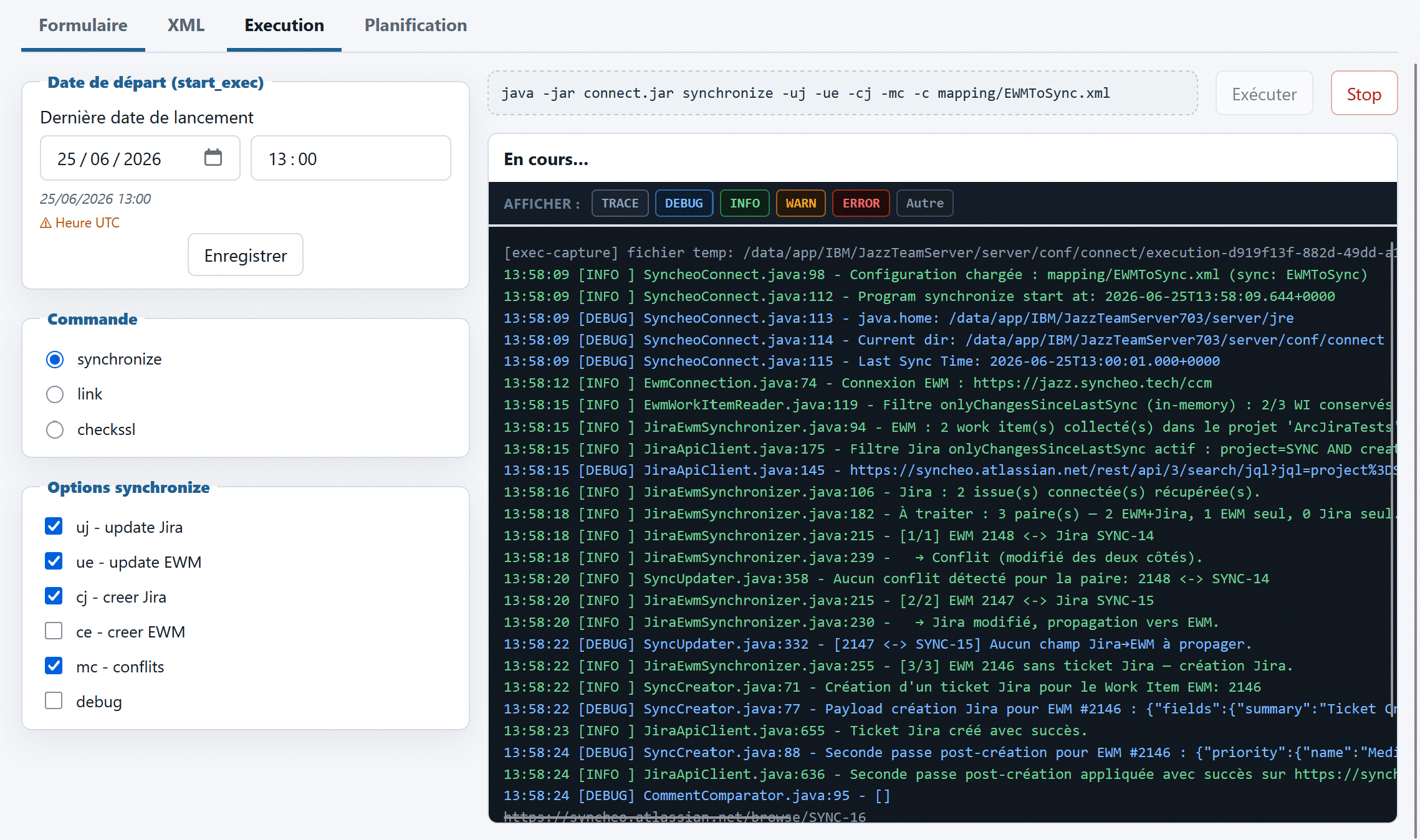 Journal d’exécution Syncheo Connect — tickets traités, créés et mis à jour en temps réel