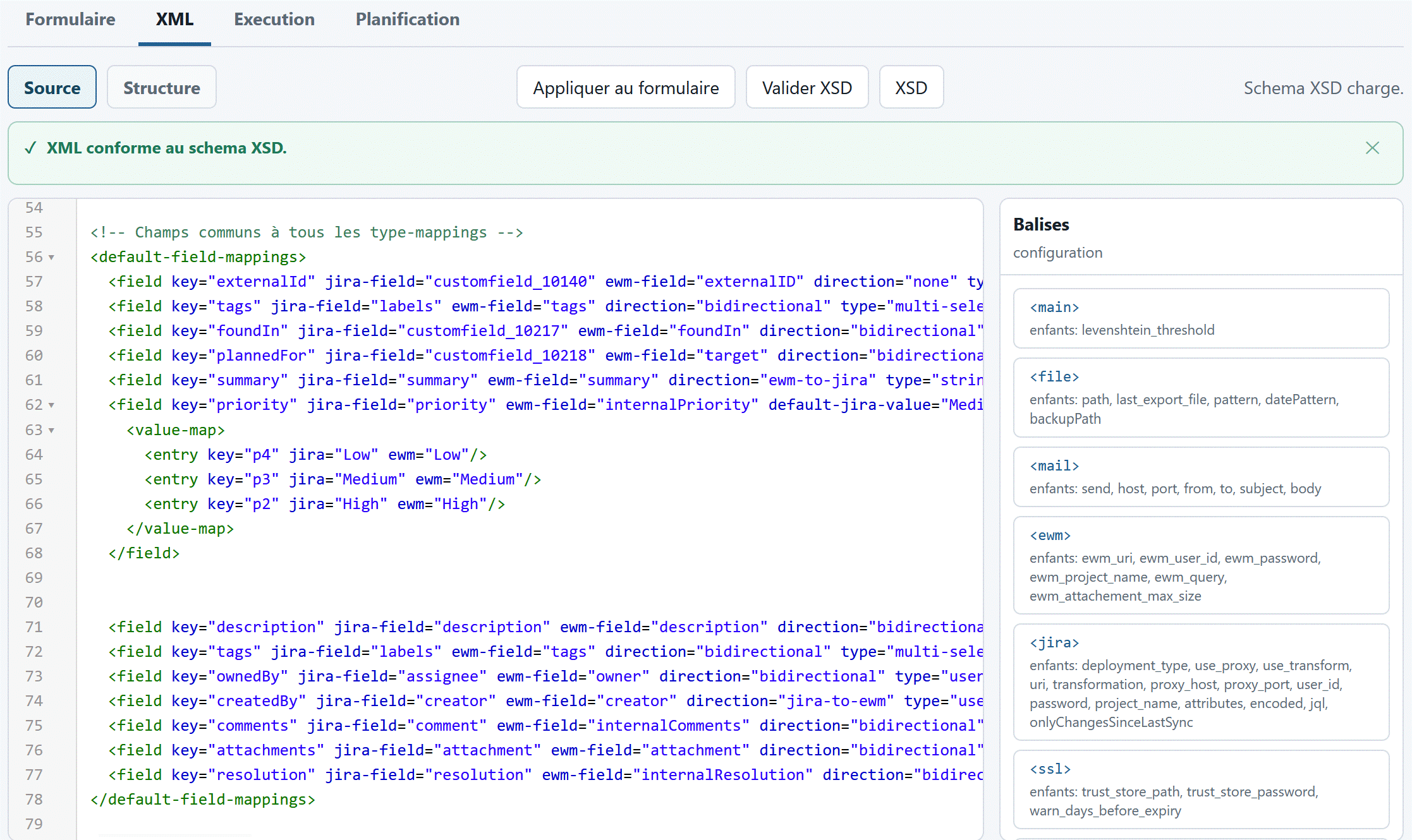 Écran de mapping de champs Syncheo Connect — correspondance Jira ↔ EWM avec valeurs traduites